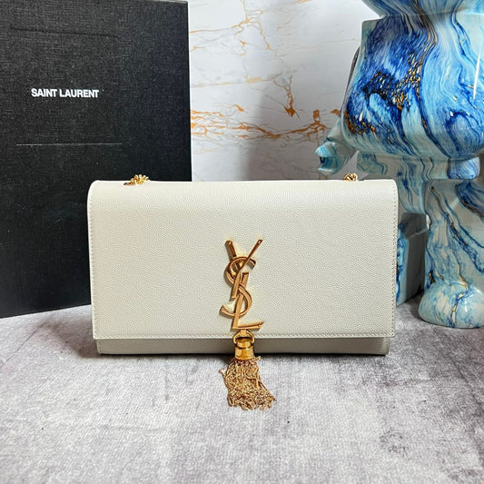 Saint Laurent Kate Medium Tassel Bag In White Grain De Poudre Leather