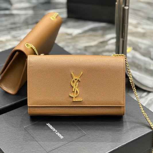 Saint Laurent Kate Medium Chain Bag In Gold Brown Grain De Poudre Leather