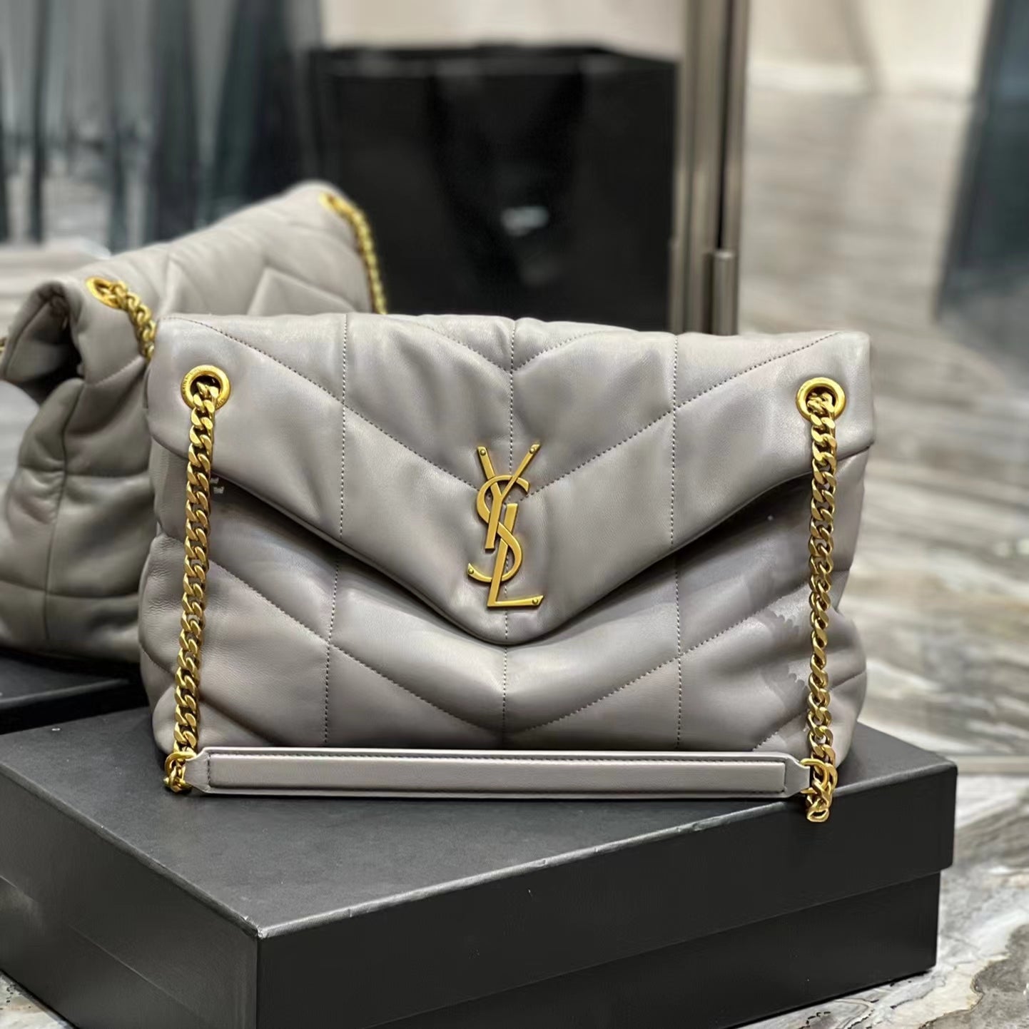 Saint Laurent LouLou Medium Chain Bag In Gray Quilted Lambskin