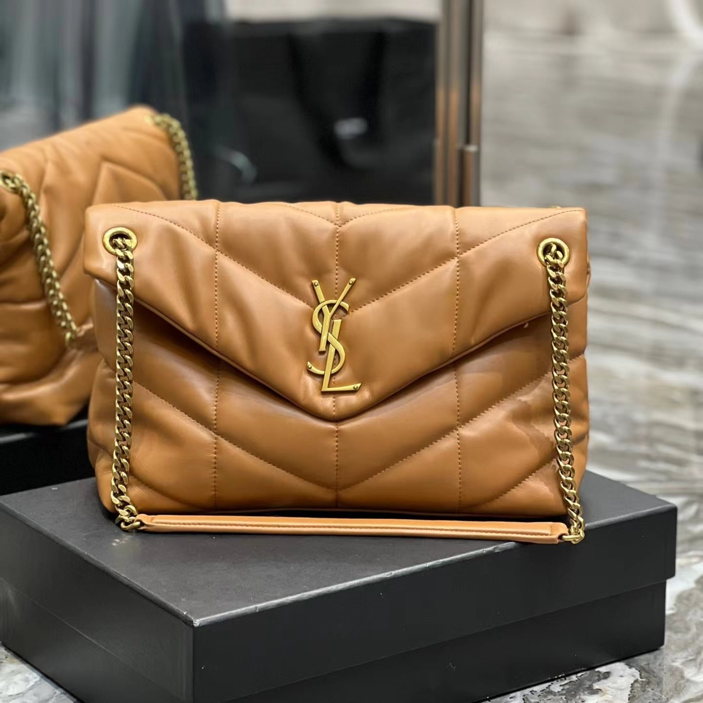 Saint Laurent LouLou Medium Chain Bag In Gold Brown Quilted Lambskin