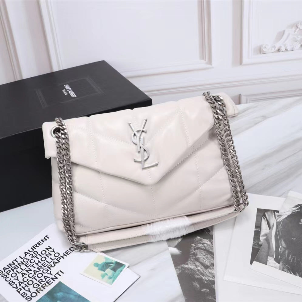 Saint Laurent LouLou Chain Bag In White Quilted Calfskin