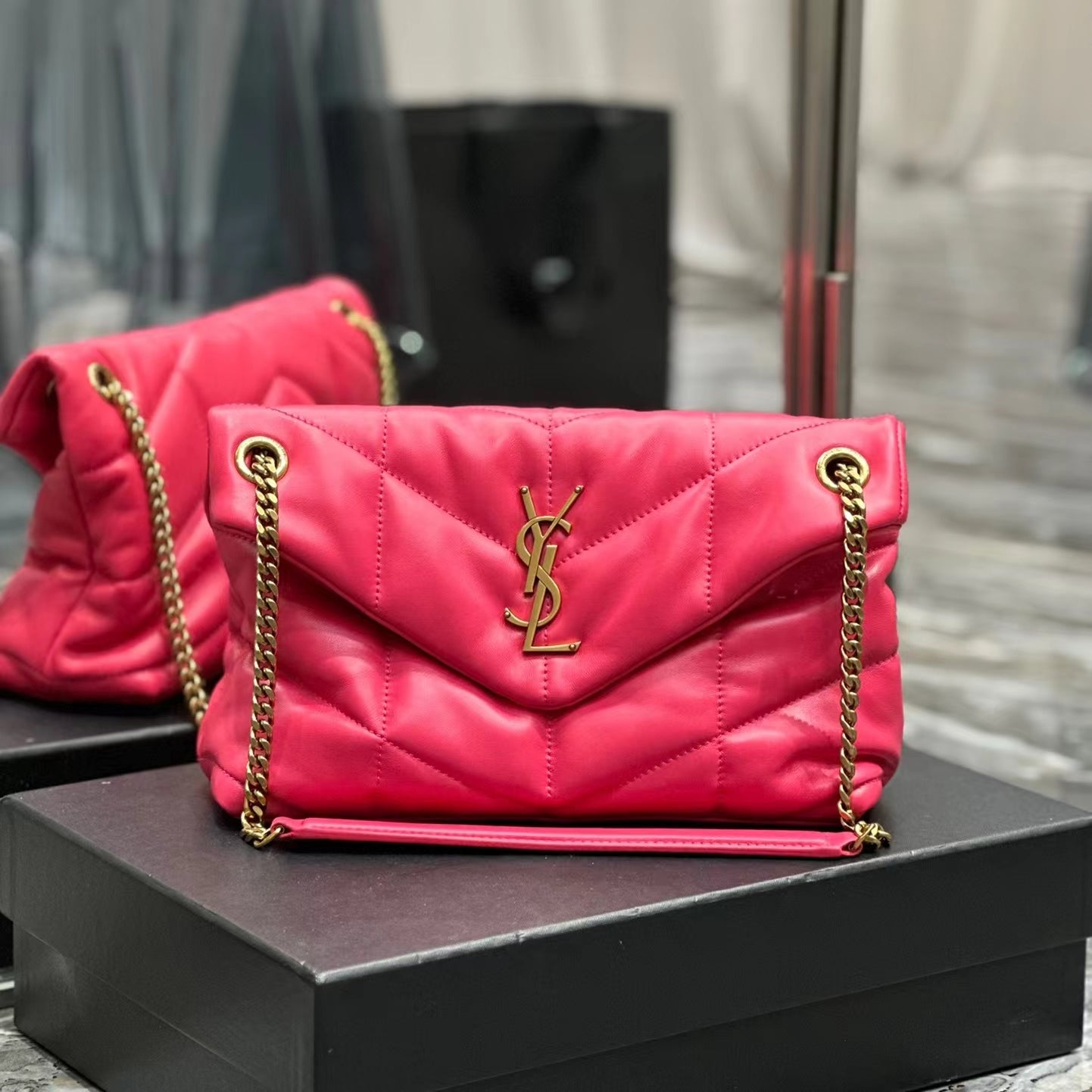 Saint Laurent LouLou Chain Bag In Rose Red Quilted Calfskin