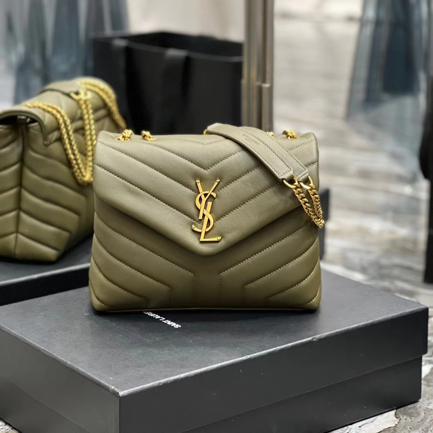 Saint Laurent LouLou Chain Bag In Army Green Quilted Lambskin