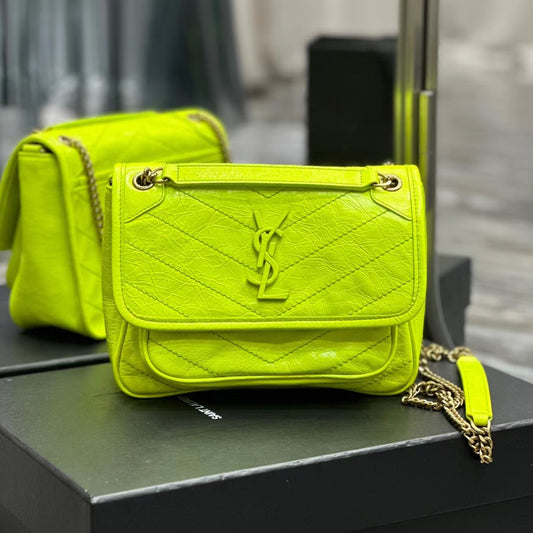 Saint Laurent Niki Baby Chain Bag In Fluorescent Green Crinkled Leather