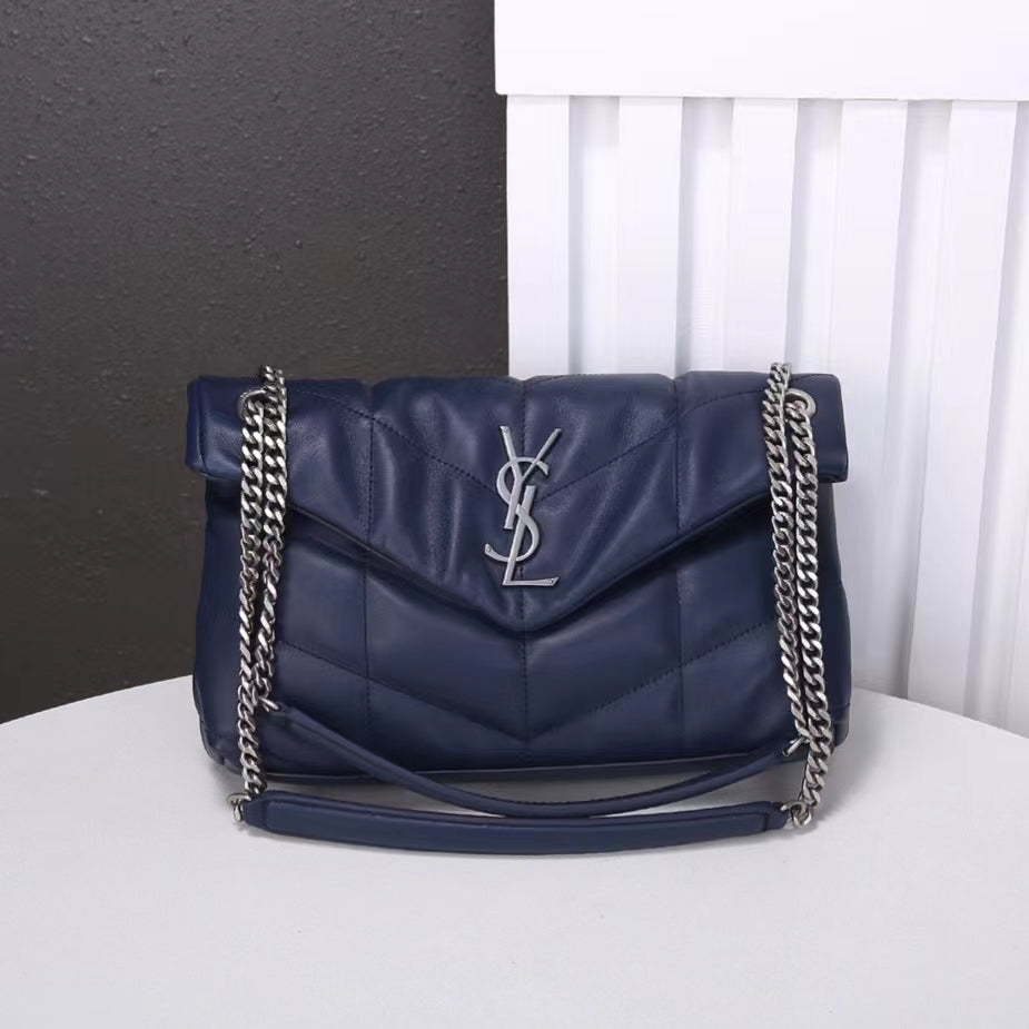 Saint Laurent Puffer Small Chain Bag In Dark Blue Lambskin