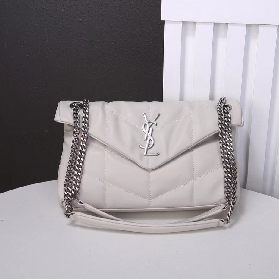 Saint Laurent Puffer Small Chain Bag In White Lambskin