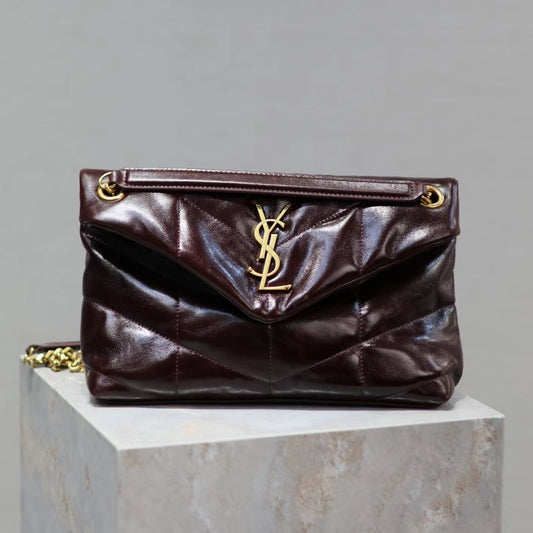 Saint Laurent Puffer Small Chain Bag In Maroon Patent leather