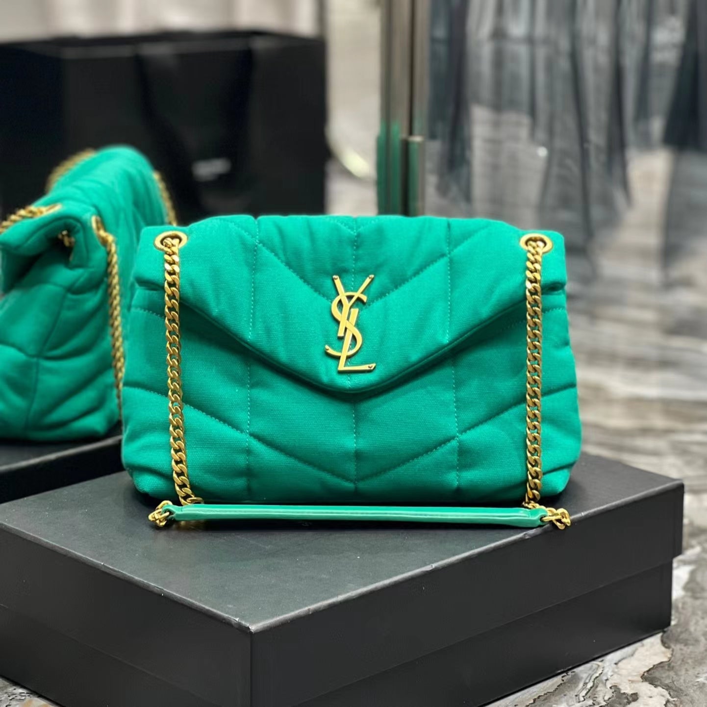 Saint Laurent Puffer Small Green Canvas Chain Bag