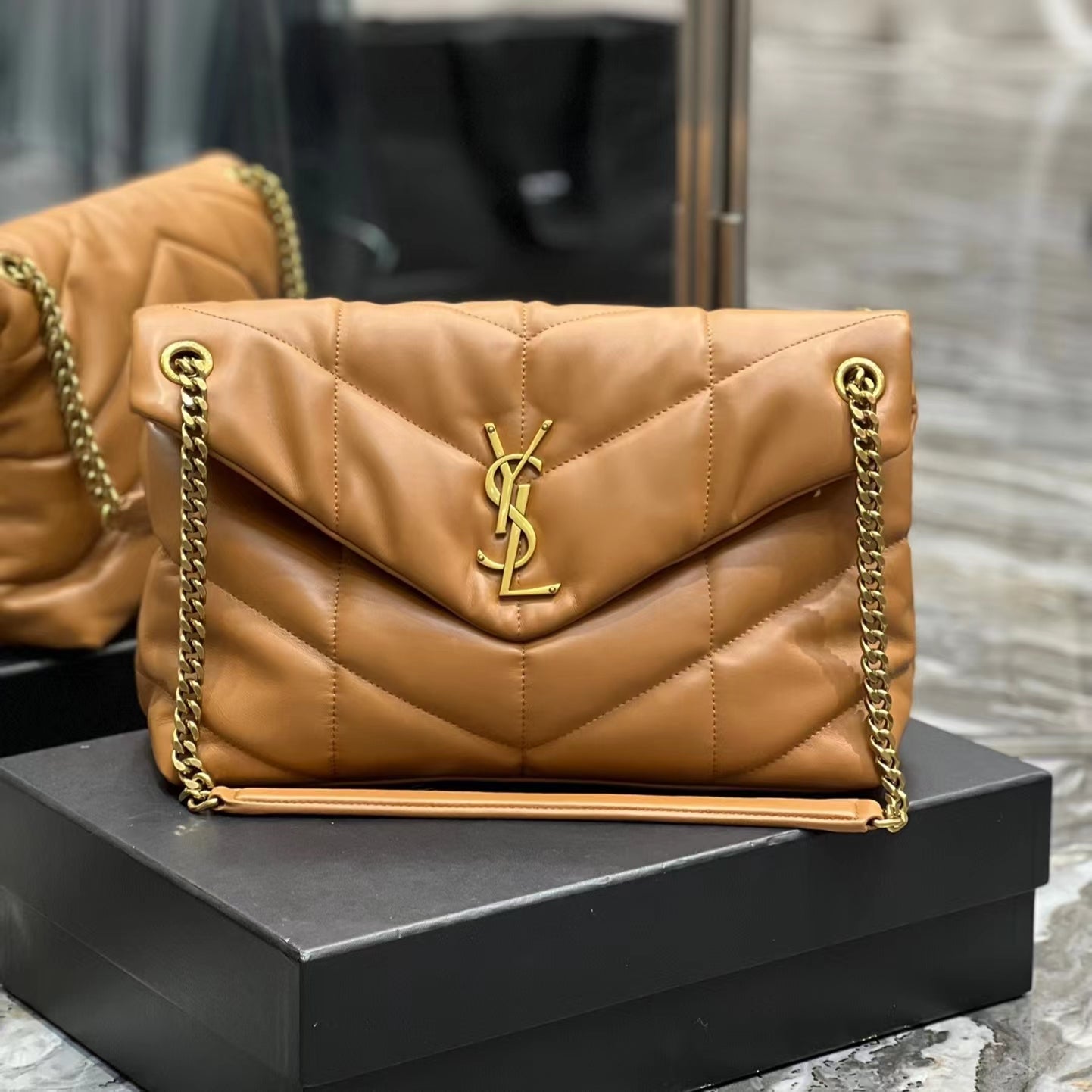 Saint Laurent Puffer Medium Chain Bag In Gold Brown Lambskin