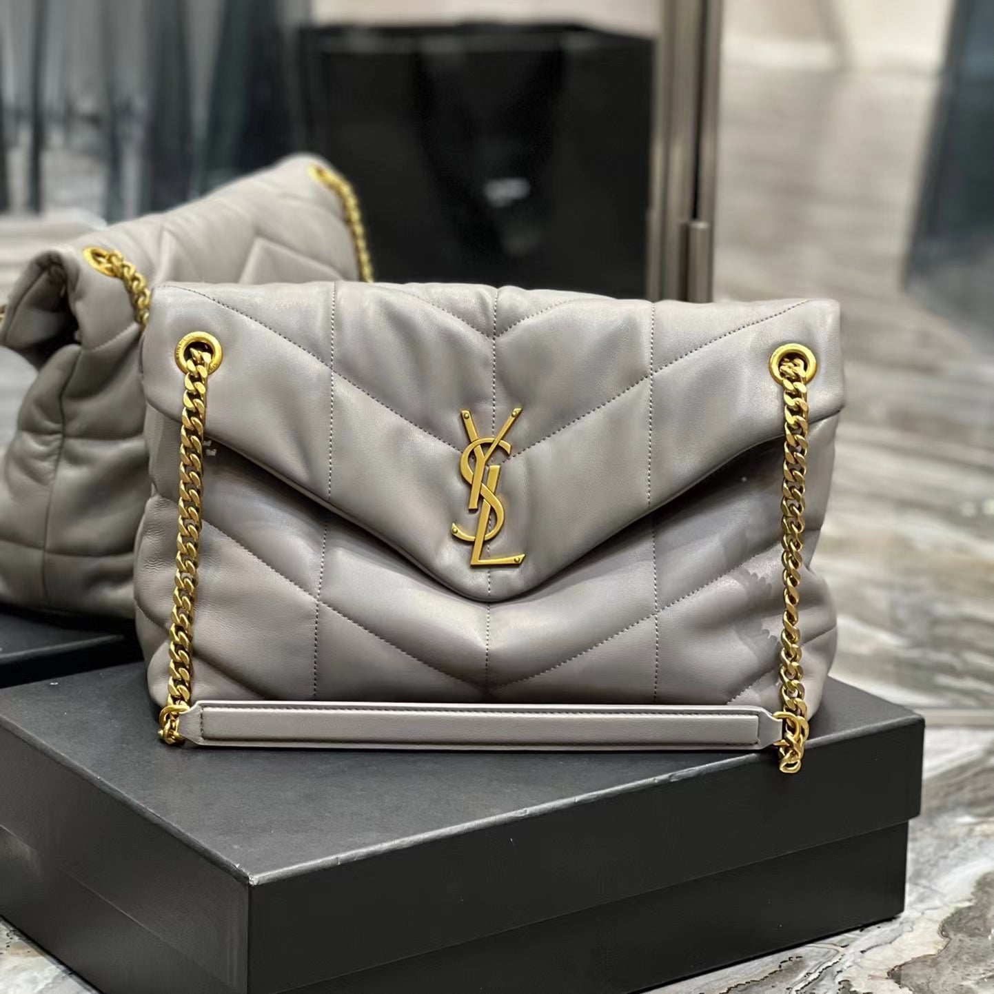 Saint Laurent Puffer Small Chain Bag In Gray Lambskin