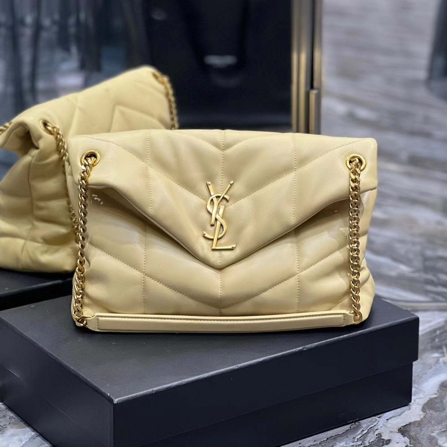 Saint Laurent Puffer Medium Chain Bag In Jaune Poussin Lambskin