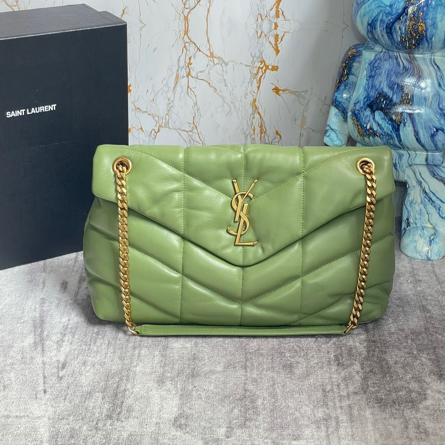 Saint Laurent Puffer Medium Chain Bag In Green Lambskin