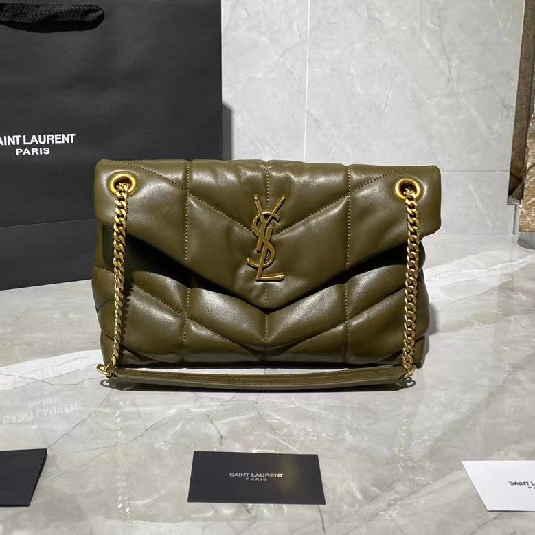 Saint Laurent Puffer Small Chain Bag In Dark Green Lambskin