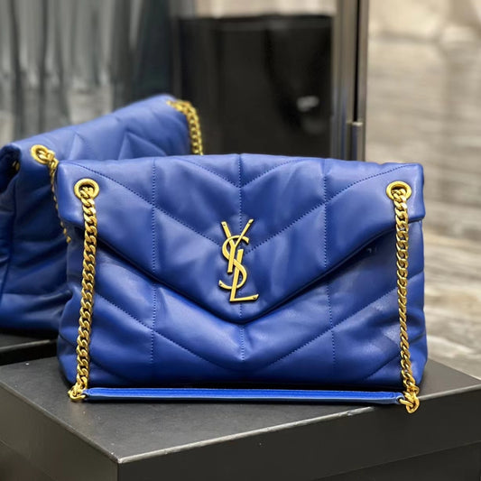 Saint Laurent Puffer Medium Chain Bag In Blue Lambskin