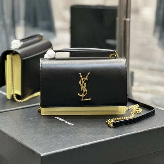 Saint Laurent Sunset Small Top Handle Bag In Black And Yellow Calfskin