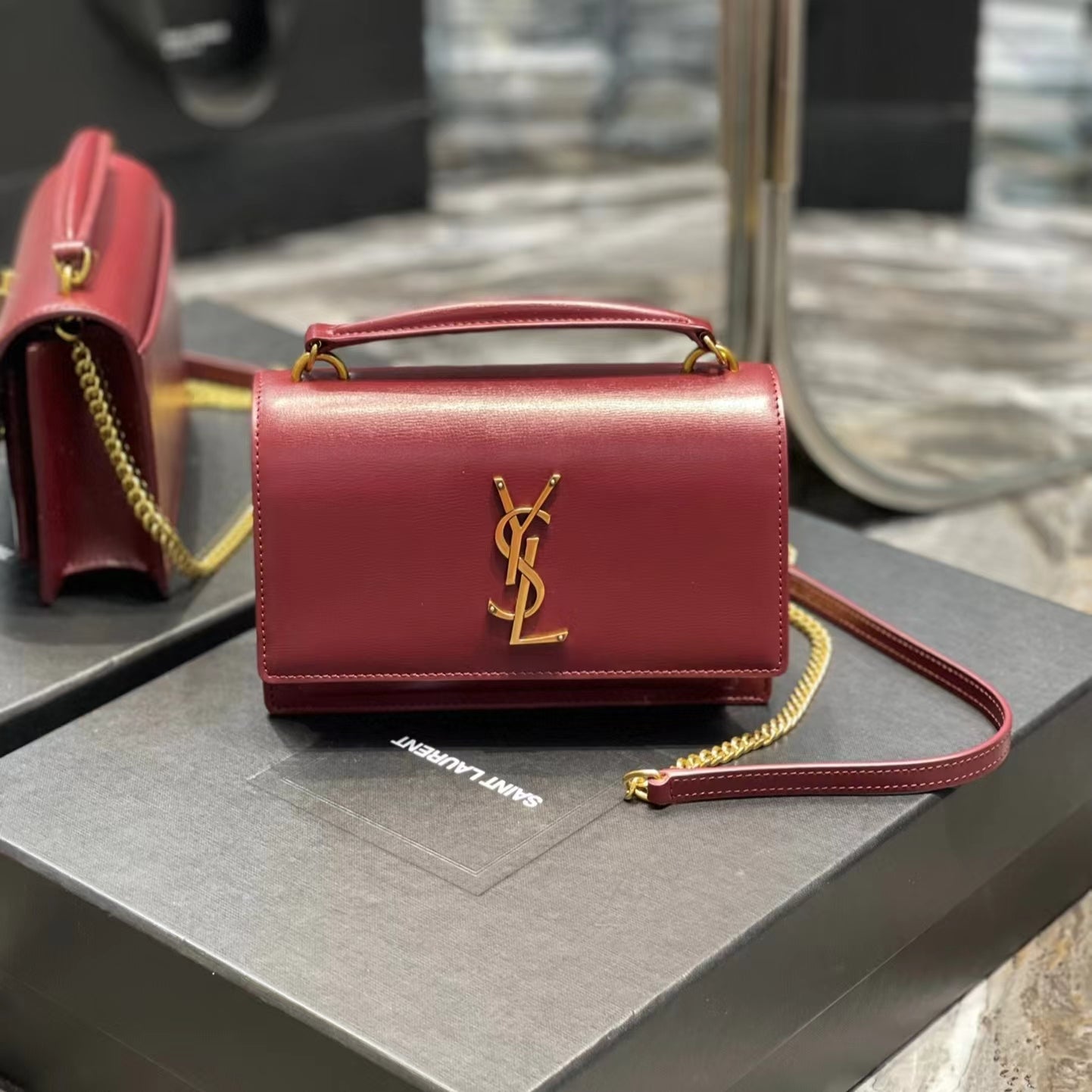 Saint Laurent Sunset Small Top Handle Bag In Red Calfskin