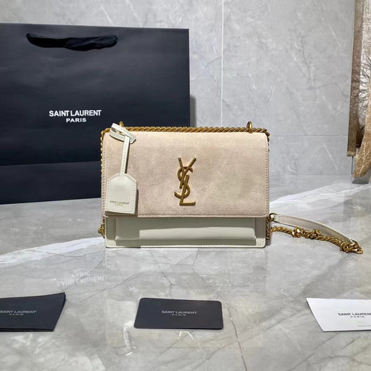 Saint Laurent Sunset Medium Chain Bag In White And Beige Calfskin