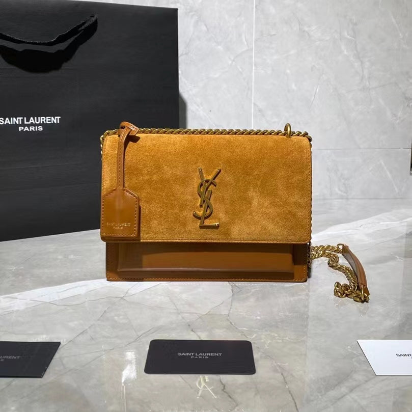 Saint Laurent Sunset Medium Chain Bag In Gold Suede