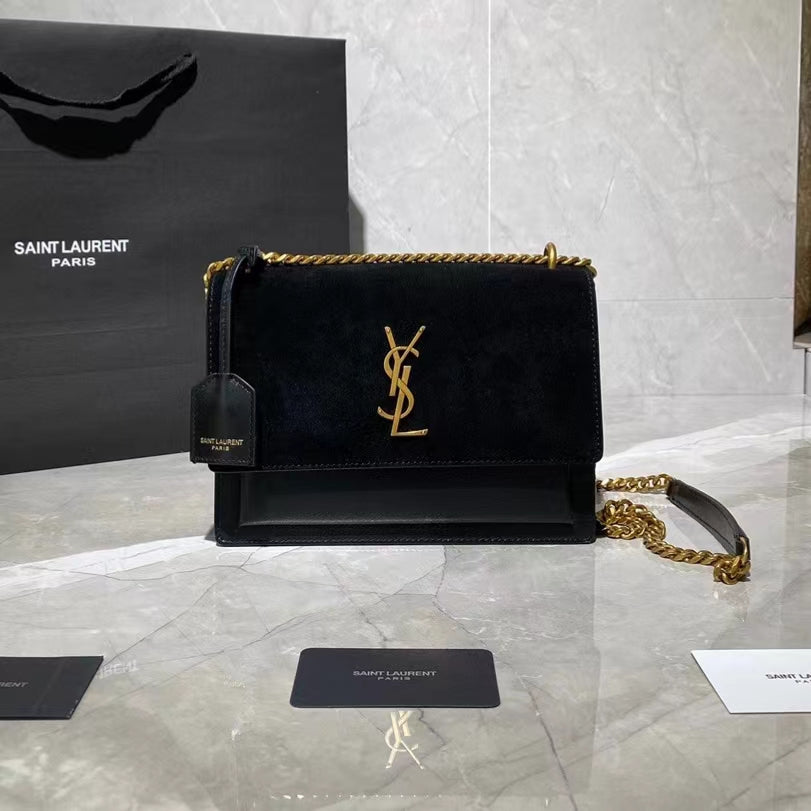 Saint Laurent Sunset Medium Chain Bag In Black Suede