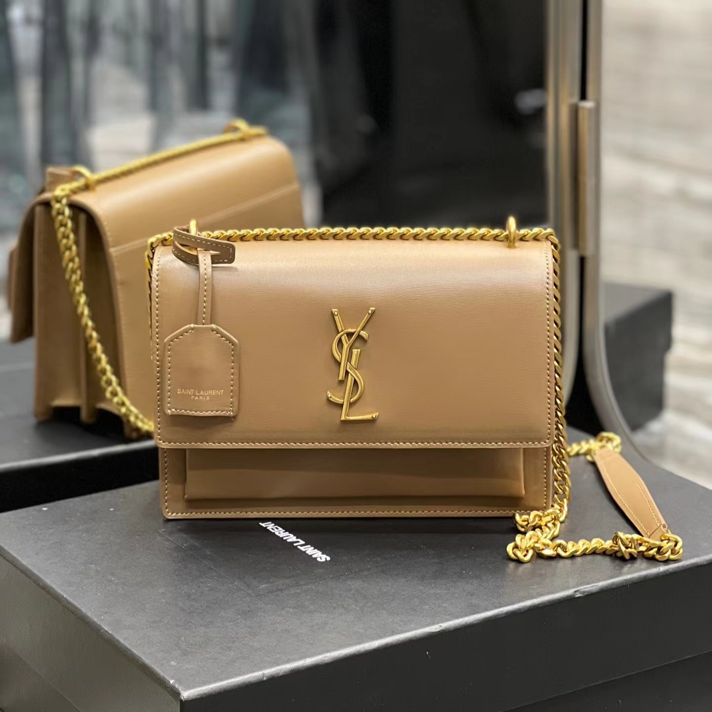 Saint Laurent Sunset Medium Chain Bag In Brown Calfskin