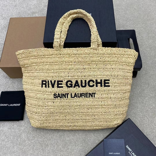 Saint Laurent Rive Gauche Tote Bag in Beige Raffia Crochet