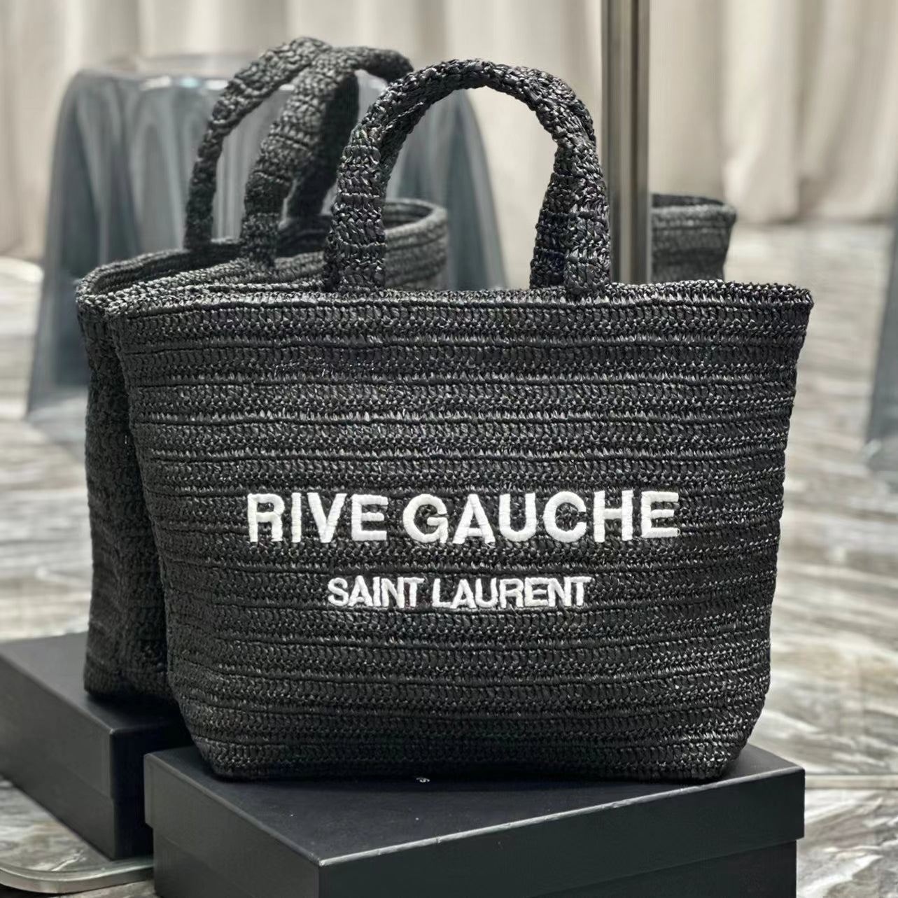 Saint Laurent Rive Gauche Tote Bag in Black Raffia Crochet