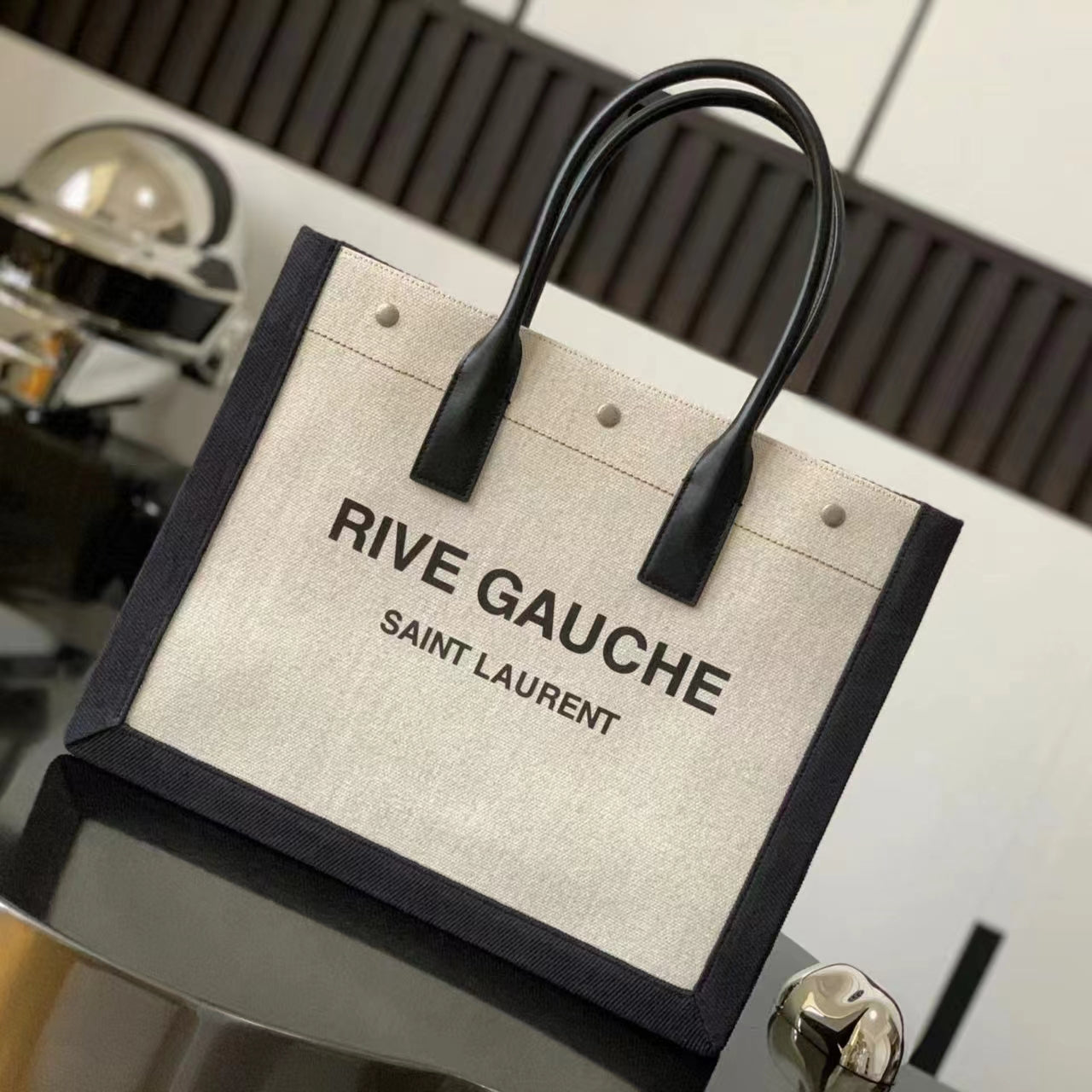 Saint Laurent Rive Gauche Small Tote Bag in Beige Linen and Leather