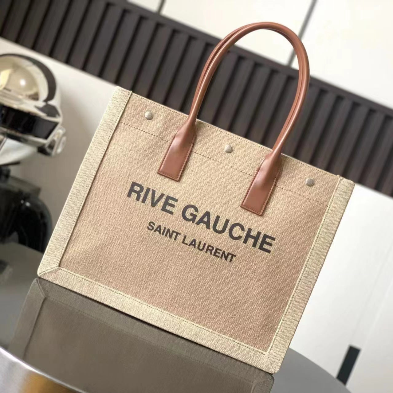 Saint Laurent Rive Gauche Small Tote Bag in Brown Linen and Leather