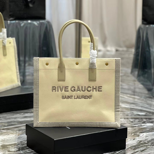 Saint Laurent Rive Gauche Small Tote Bag in Beige Linen and Leather