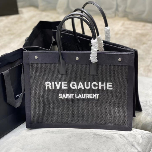 Saint Laurent Rive Gauche Tote Bag in Dark Gray Linen and Black Leather