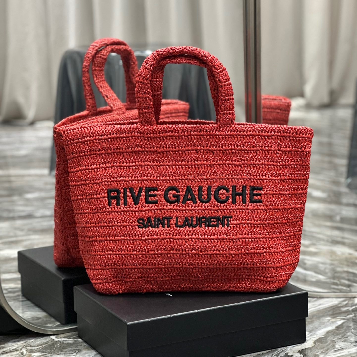 Saint Laurent Rive Gauche Tote Bag in Neon Pink Raffia Crochet