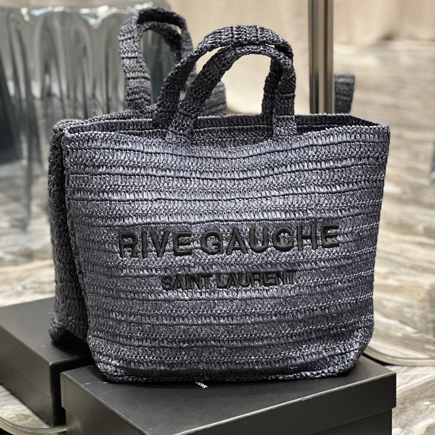 Saint Laurent Rive Gauche Tote Bag in Gray Raffia Crochet