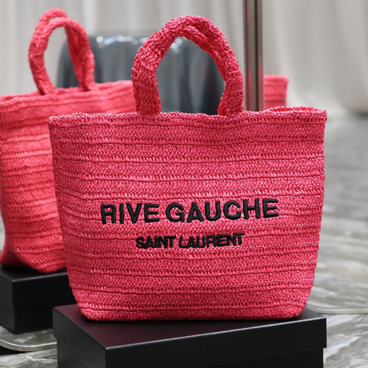 Saint Laurent Rive Gauche Tote Bag in Pink Raffia Crochet