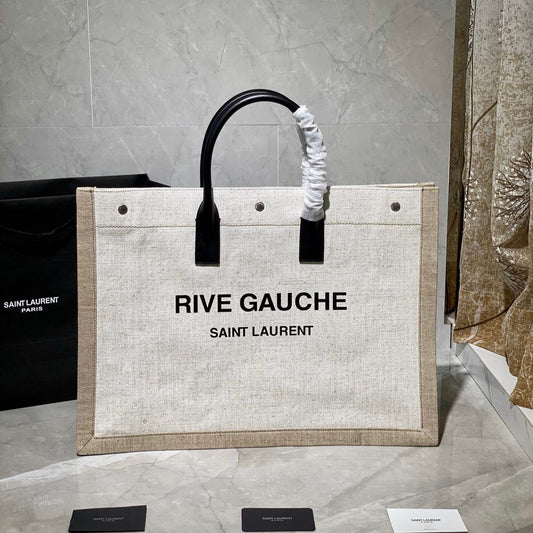 Saint Laurent Rive Gauche Tote Bag in White Linen and Black Leather