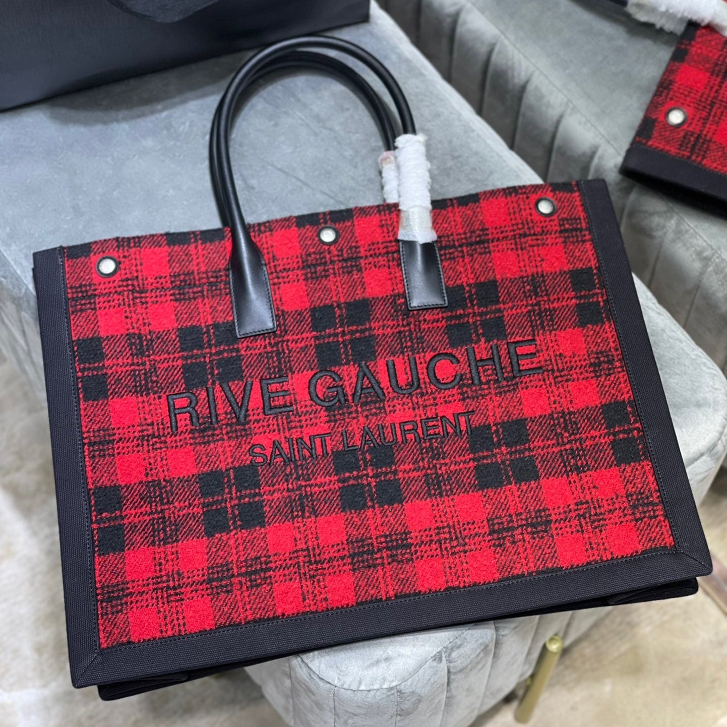 Saint Laurent Rive Gauche Tote Bag in Red And Black Plaid