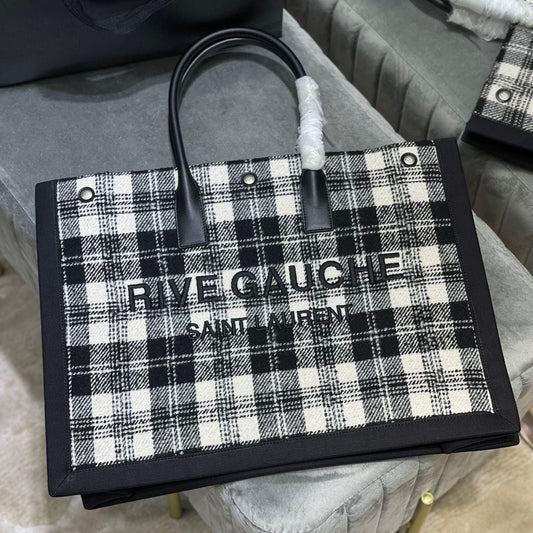 Saint Laurent Rive Gauche Black And White Checked Linen With Black Leather tote bag