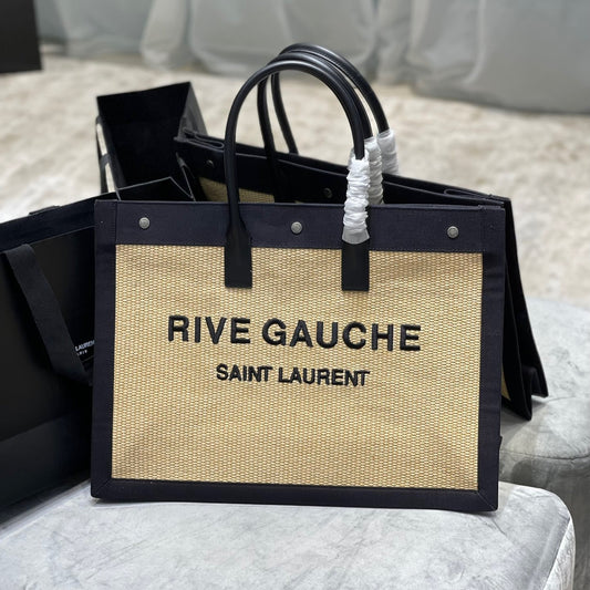 Saint Laurent Rive Gauche Tote Bag in Brown Linen and Black Leather