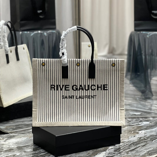 Saint Laurent Rive Gauche Tote Bag in White Stripe Linen and Black Leather