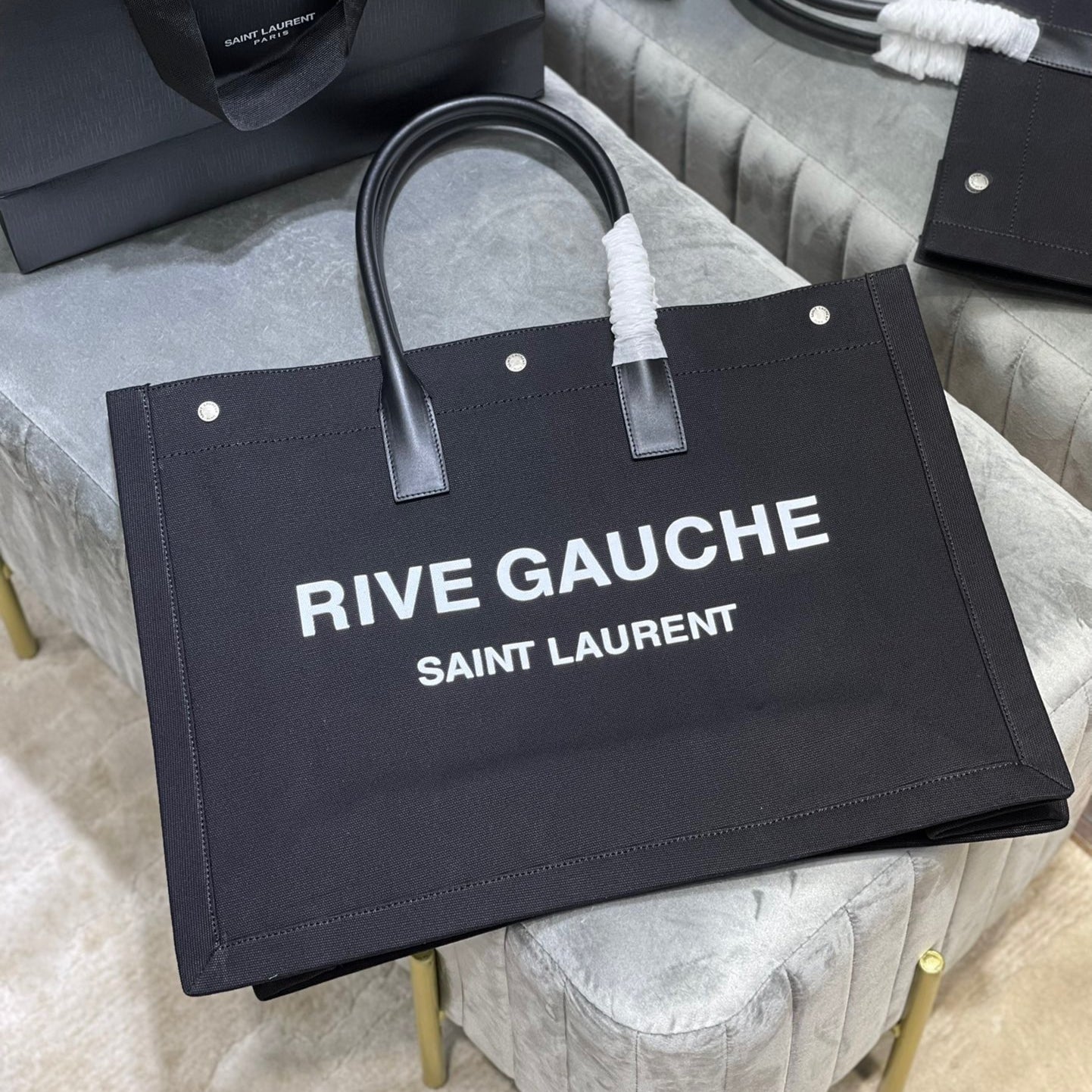 Saint Laurent Rive Gauche Tote Bag in Black Linen and Black Leather