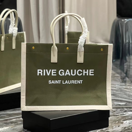 Saint Laurent Rive Gauche Tote Bag in Green Linen and Beige Leather