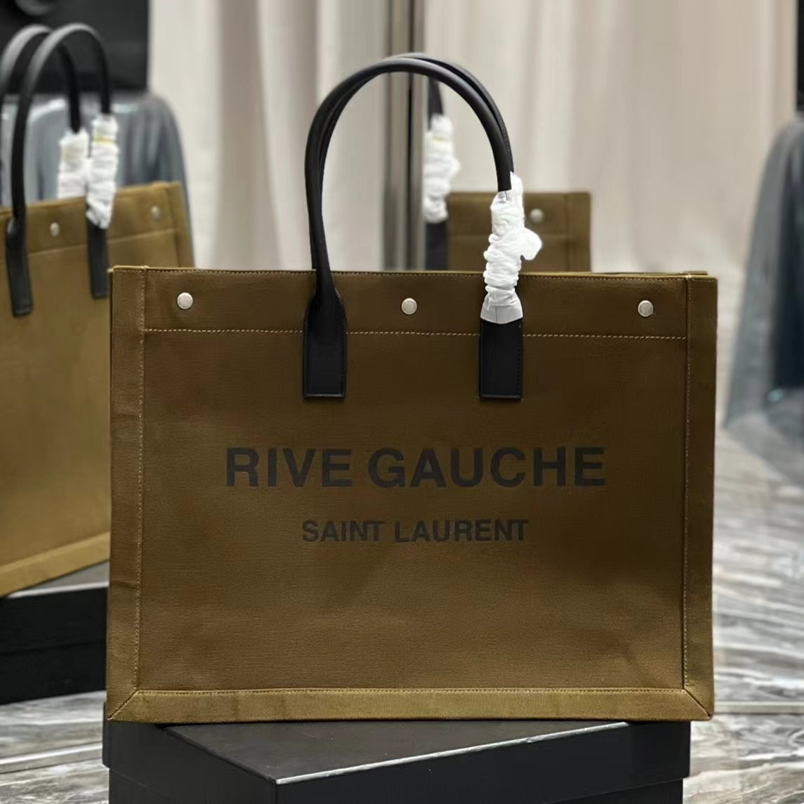 Saint Laurent Rive Gauche Olive Green Full Leather Tote Bag