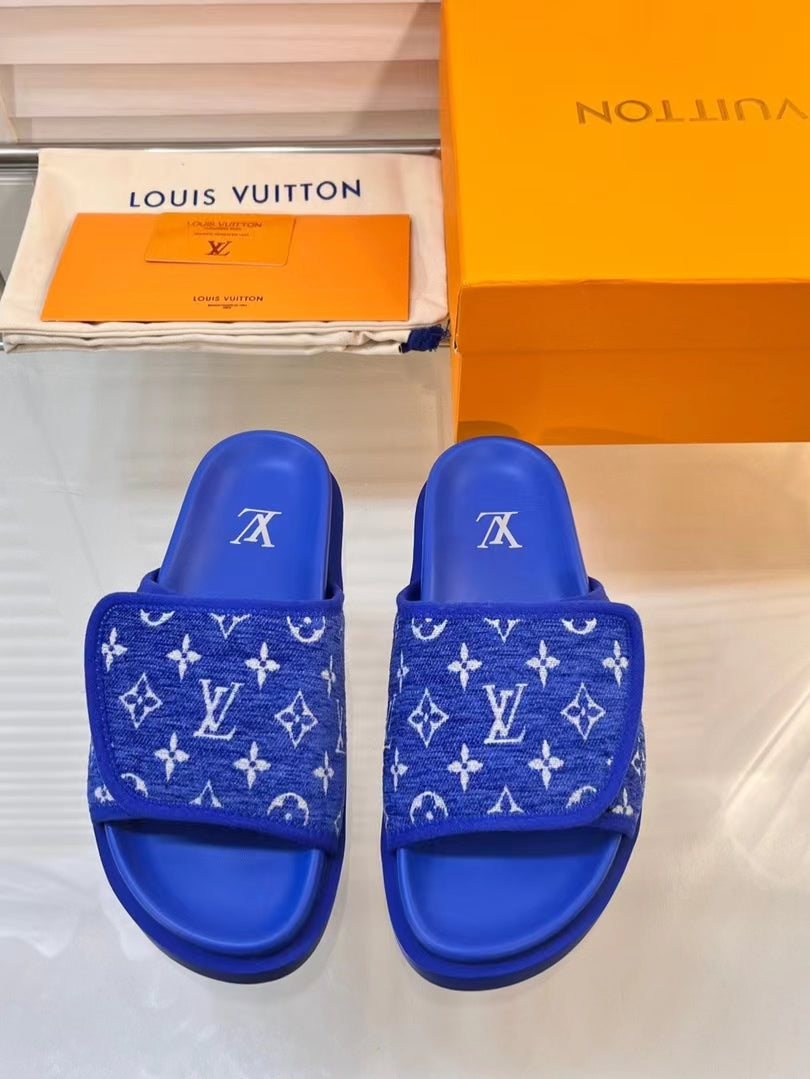 LV Blue Slippers With Horizontal Bands And Adjustable Velcro Straps