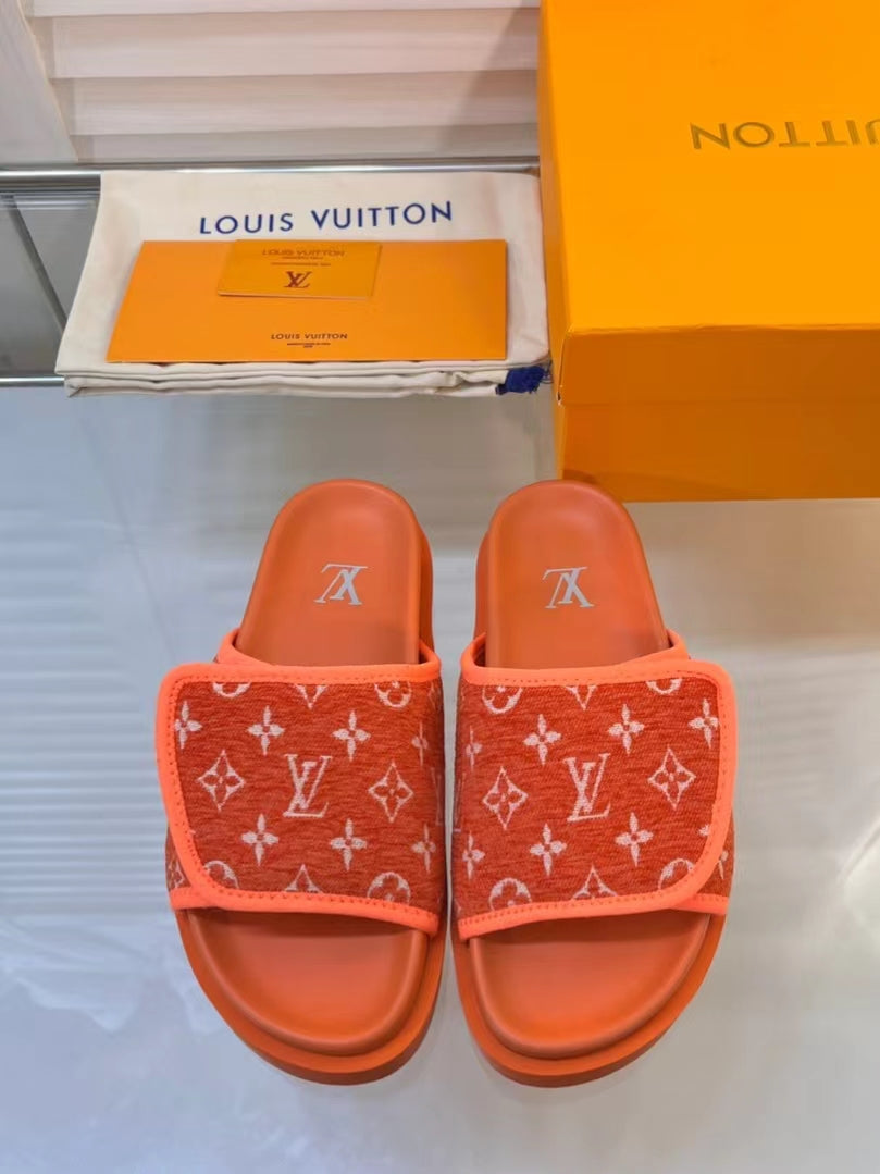 LV Orange Slippers With Horizontal Bands And Adjustable Velcro Straps