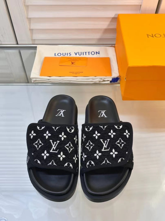 LV Black Slippers With Horizontal Bands And Adjustable Velcro Straps