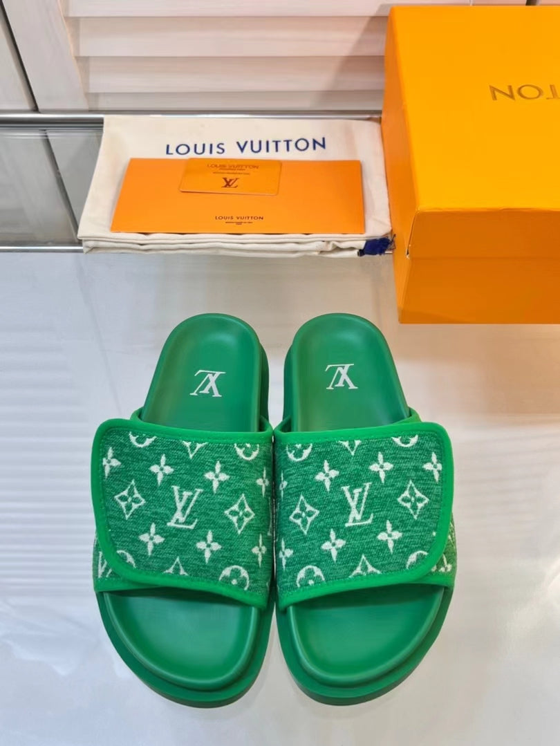 LV Green Slippers With Horizontal Bands And Adjustable Velcro Straps