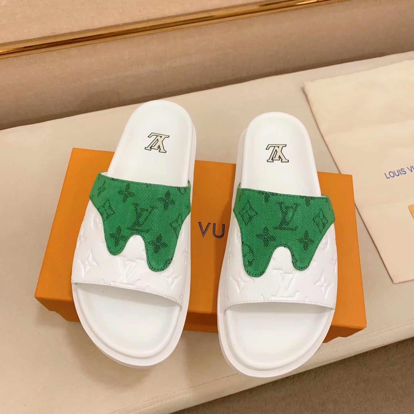 LV Miami Mules Hook-and-loop Green Printed Leather Slides