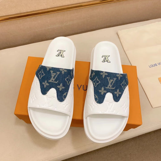 LV Miami Mules Hook-and-loop Blue Printed Leather Slides