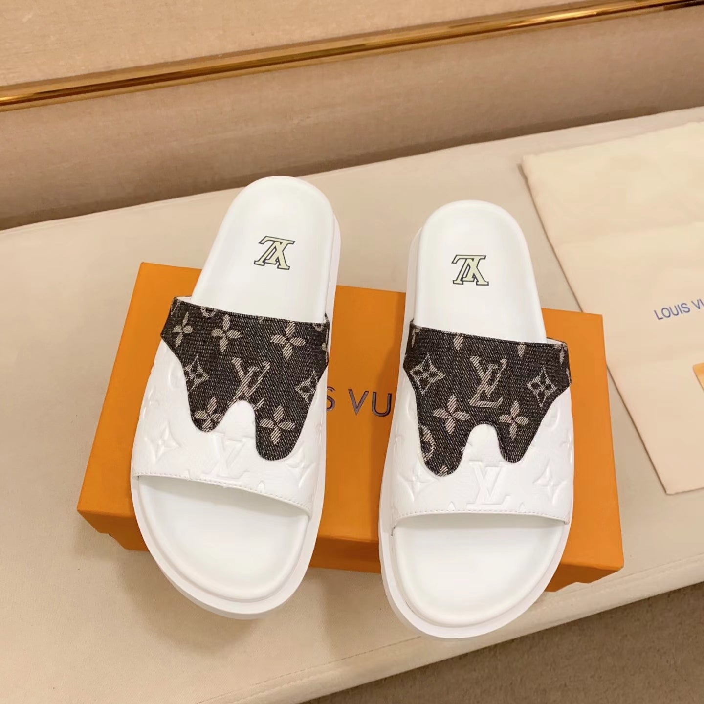 LV Miami Mules Hook-and-loop Brown Printed Leather Slides