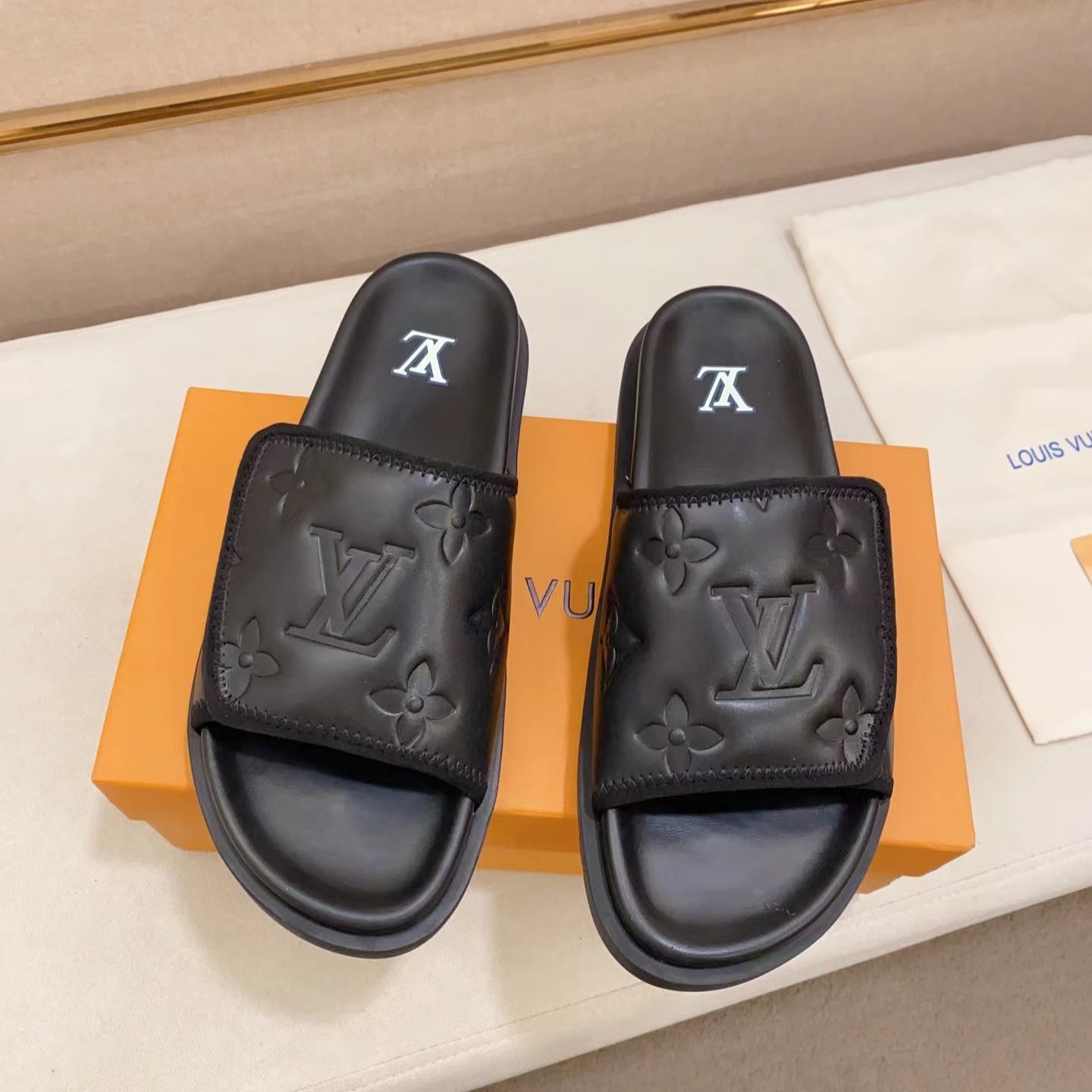 LV Miami Black Velcro Slippers