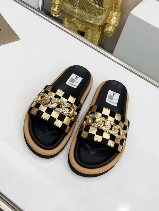 LV Slippers In Gold Checkerboard Pattern With Metal Decoration